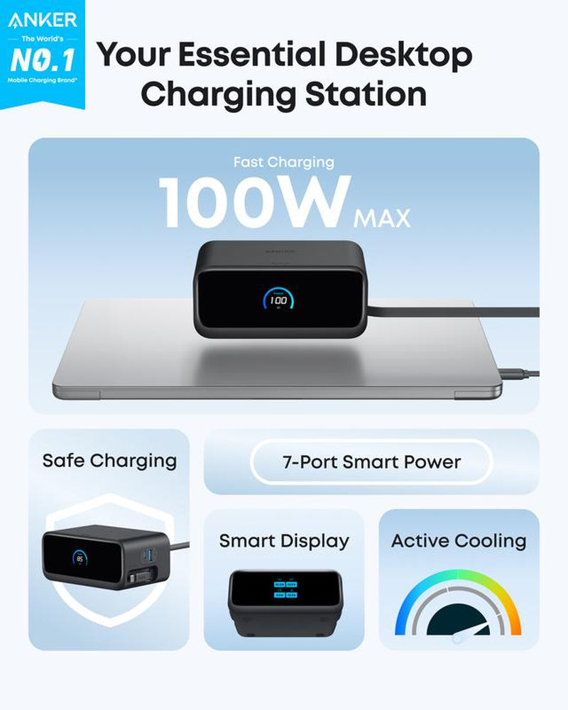 Anker Nano Charging Station, 7-In-1 USB-C Power Strip for Iphone 16, 2.3 Ft Anker Instacord Retractable Cable, 3 USB-C, 1 USB-A, 3 AC, 100W Fast Charging Desktop Accessory for Macbook, Home, Office