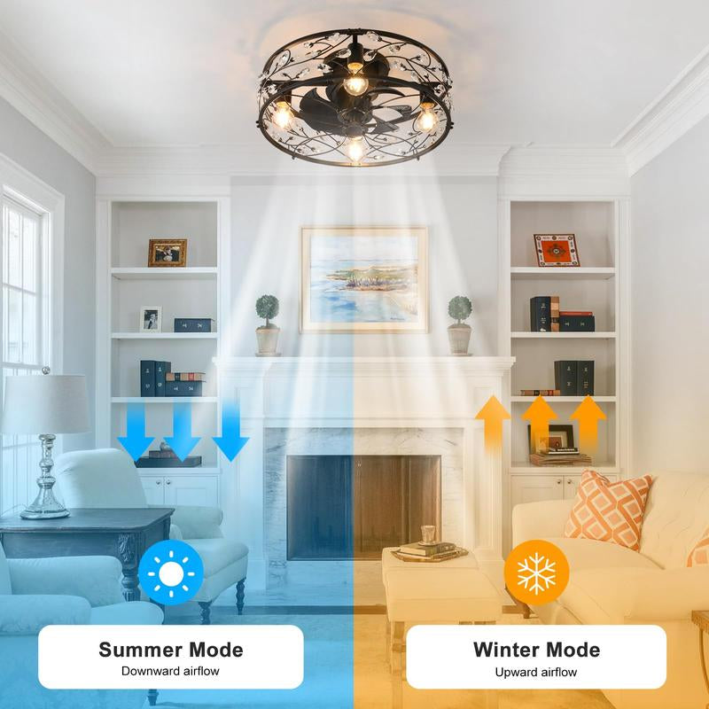 20In Caged Ceiling Fan with Light, Crystal Rustic Ceiling Fans with Remote, Bladeless Black Ceilingfan, Flush Mount Fanlights for Kitchen Bedroom