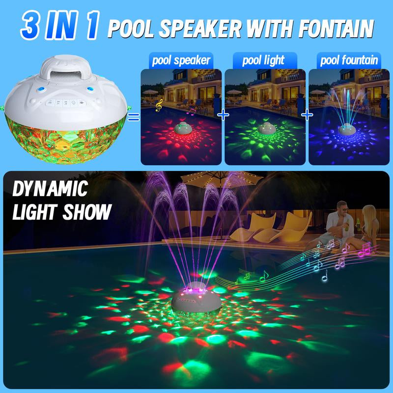 3 in 1 Bluetooth Pool Speaker with Pool Fountain Light, 10000Mah Floating Pool Speaker, IP68 Waterproof Hot Tub Speakers, Loud Sound, BT5.4,24H Playtime Rechargeable Pool Water Fountain, White