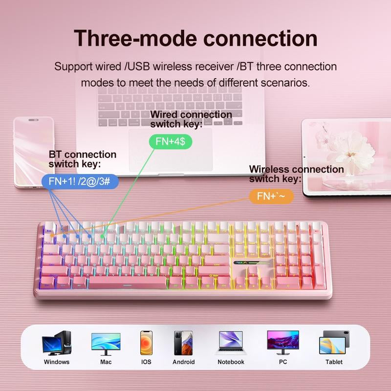 AULA F108 Three-Mode Mechanical Keyboard, 108-Key Full-Array, RGB Lighting Effect, Full-Key Hot Swap, Comfortable Keys Feel, Compatible with Windows/Mac/Ios System, Suitable for Computers, Notebooks, Mobile Phones, Daily Office or E-Sports Games.