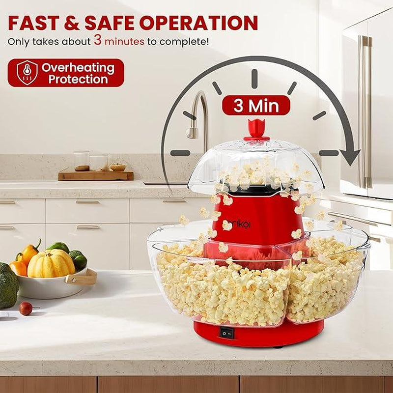 SUSTEAS American Hot Air Popcorn Machine - Electric Popcorn Maker with 4 Serving Bowls, Oil-Free, Efficient Hot Air System, Quick and Easy Clean