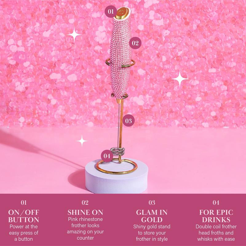 Paris Hilton Electric Milk Frother, Handheld Mixer with Rhinestone Handle, Battery Operated for Lattes, Matcha & More