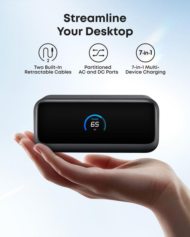 Anker Nano Charging Station, 7-In-1 USB-C Power Strip for Iphone 16, 2.3 Ft Anker Instacord Retractable Cable, 3 USB-C, 1 USB-A, 3 AC, 100W Fast Charging Desktop Accessory for Macbook, Home, Office