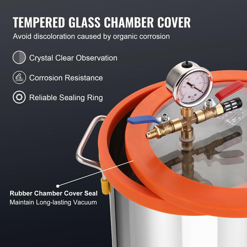 VEVOR 3 Gallon Vacuum Chamber and 3.5 CFM Pump Kit, Tempered Glass Lid Vacuum Degassing Chamber Kit, Single Stage Vacuum Pump with 250 Ml Oil Bottle, for Stabilizing Wood, Degassing Silicones, Epoxies