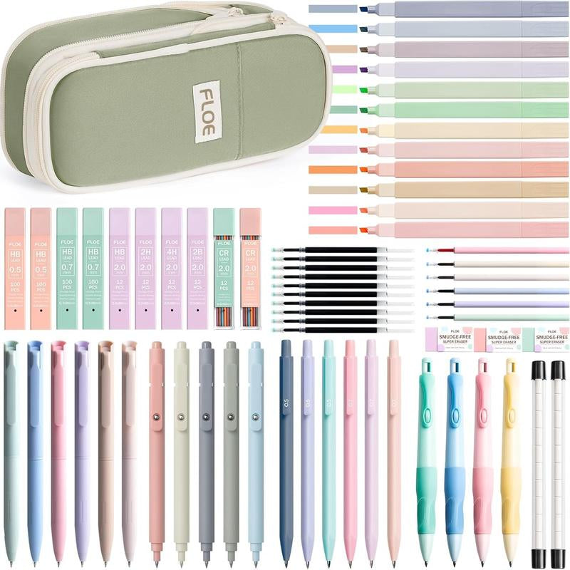 Aesthetic School Supplies with Cute Pencil Case, Pastel Highlighters Gel Pens Mechanical Pencils Set 0.5 0.7 & 2.0Mm, Office Back to School Supplies College Essentials Kit Student Stationary Set,Back to School Gift,Birthday'S Gift