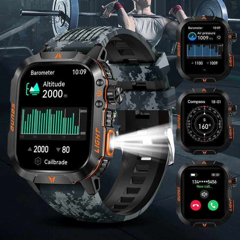 Military Smart Watch for Men, 1.52" HD Fitness with Flashlight Smartwatch with Answer/Make Call, Sport Watch with Heart Rate Spo2 Stress and Sleep Monitor Compatible with Iphone and Android Phones, Waterproof
