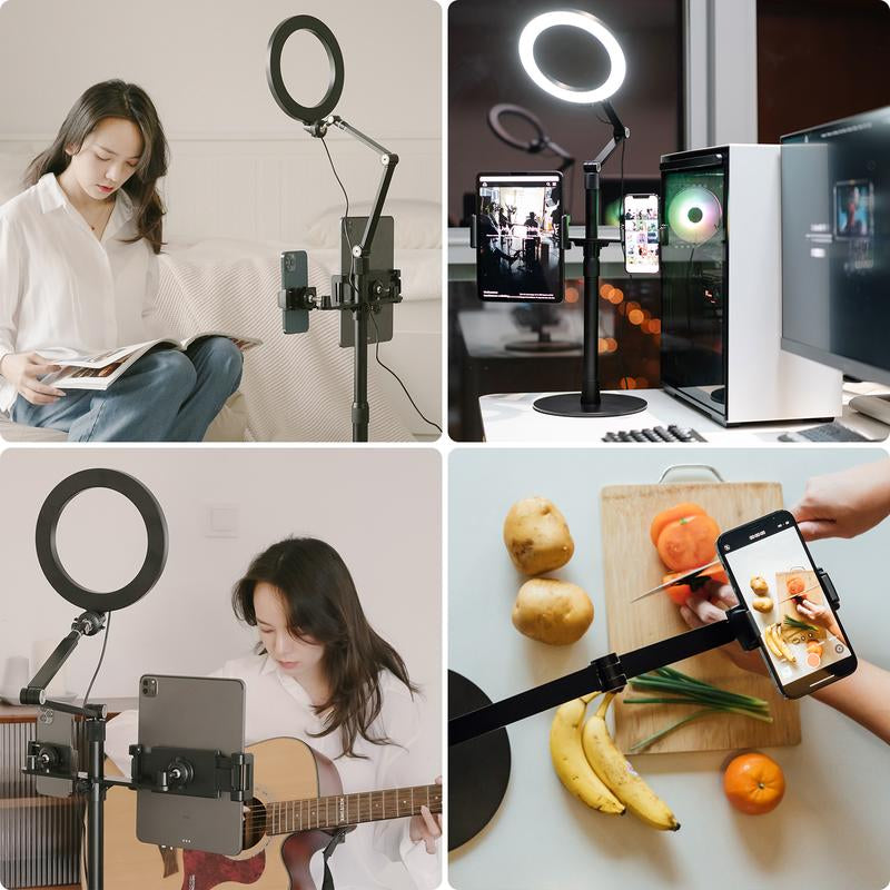 Viozon 3-In-1 Selfie Desktop Live Stand, Height Adjustable/Overhead, 8" LED Ring Light, Compatible with 3.5-13" Tablet& Phone, Suitable for Youtube/Tiktok/Recording/Streaming/Online Meeting 3In1 Phonestand Ipad Mounting Options Office Gadgets Mount
