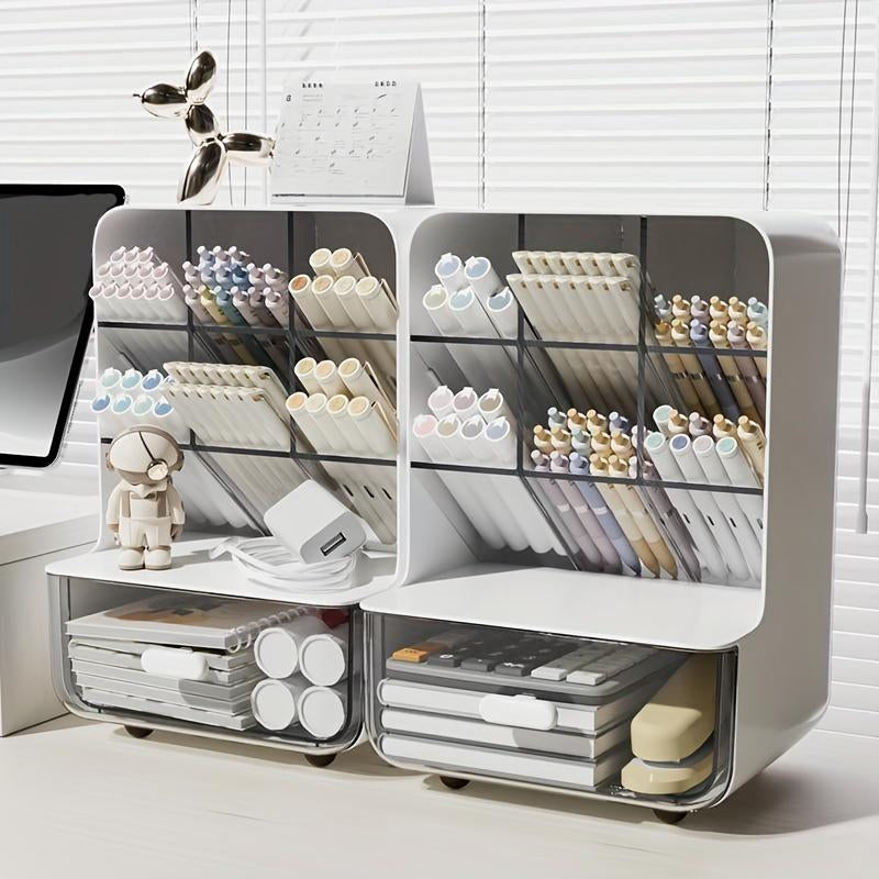 Modern Plastic Desktop Storage Box with Drawer, Multi-Compartment Pen Holder, Desk Organizer for Office Home School Student Teacher