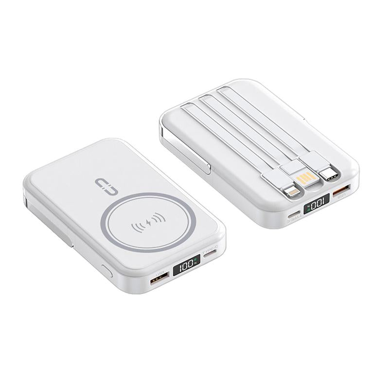 10000Mah Fast Charging Magnetic Power Bank W/ Stand and 3 Built-In Cables & Wireless Charging