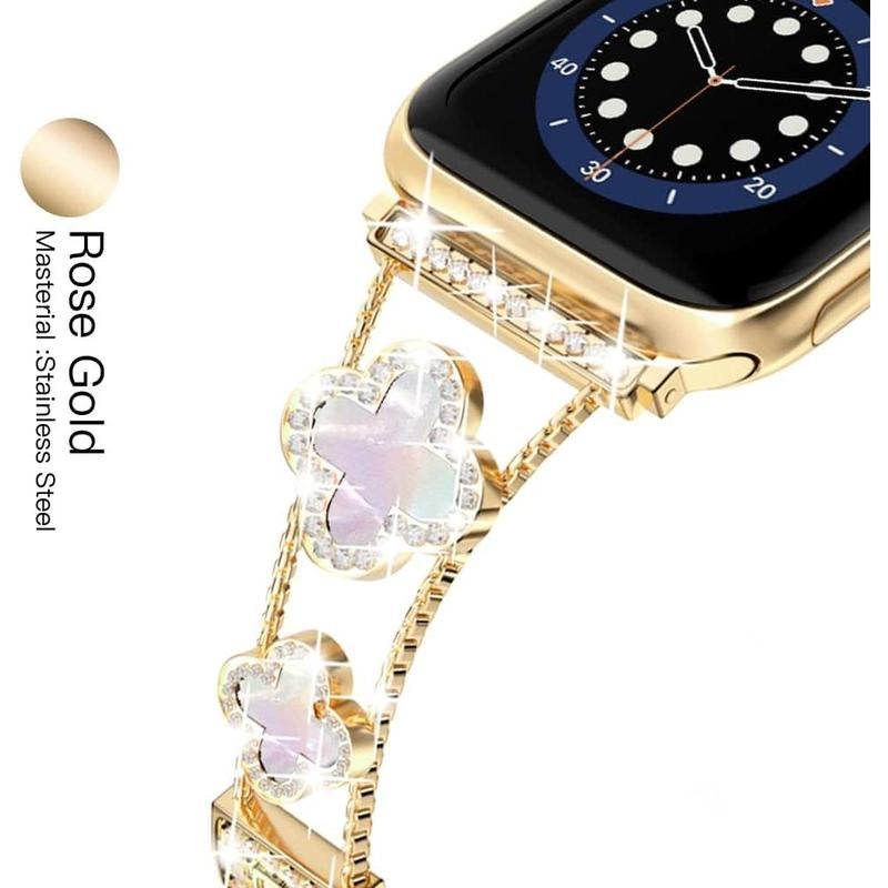 Four-Leaf Clover Diamond Metal Bands Add Sparkle to Your Watch for Apple Watch Series 10/9/8/7/6/5/4/3/2/1Se/Ultra Clover Simple and Stylish Compatible with 38Mm40Mm41Mm42Mm44Mm45Mm 46Mm49Mm Women'S Wear