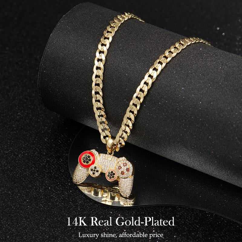 Holylegend 14K Real Gold-Plated Game Controller Necklace, Sony-Inspired CZ Diamond Pendant, 24" Rope & Cuban Chain, Hip Hop Jewelry Gift for Playstation Fans