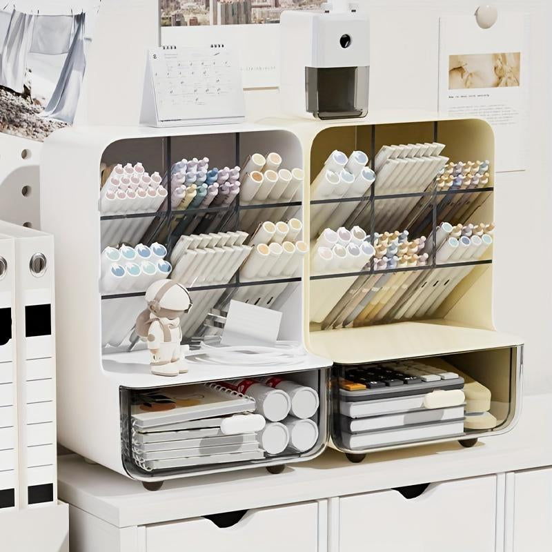 Modern Plastic Desktop Storage Box with Drawer, Multi-Compartment Pen Holder, Desk Organizer for Office Home School Student Teacher