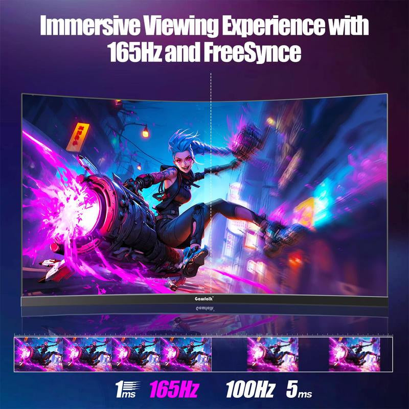 Rehisk 27'' 2K QHD 165Hz Curved Gaming Monitor - 2560P, 1Ms IPS Panel, Adaptivesync, Ultra-Thin Bezel, Tilt Adjustable