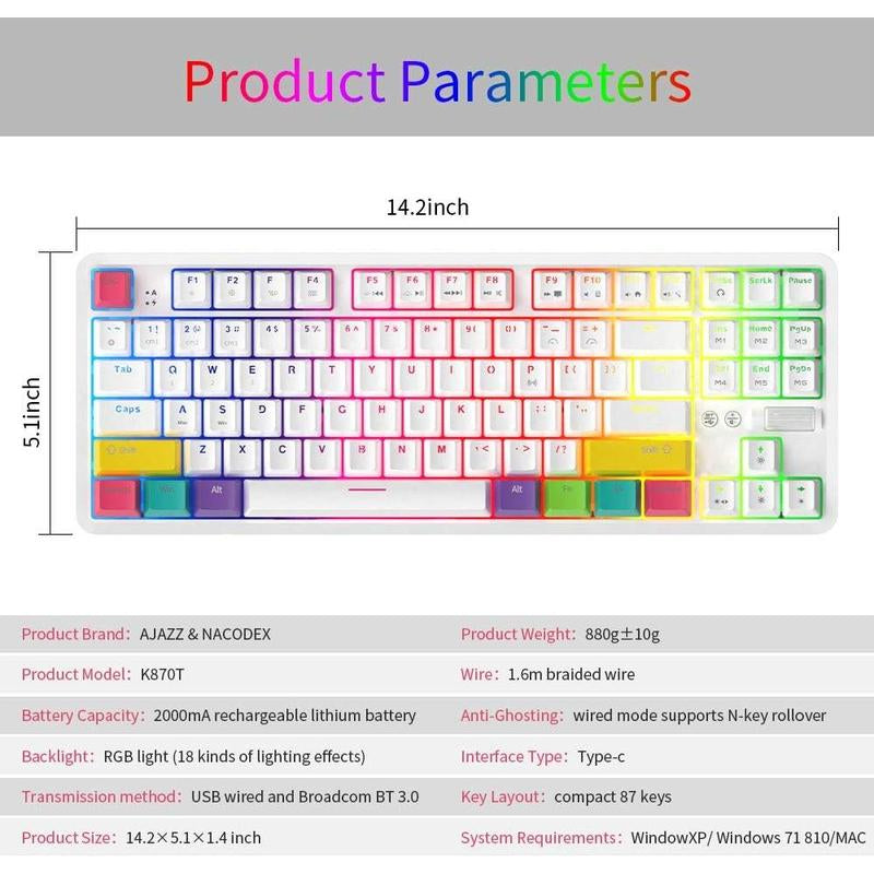 AJAZZ K870T TKL Wired/Wireles RGB Mechanical Keyboard | Rechargeable 2000Mah Tenkeyless Bluetooth Keyboard with Volume Wheel Design