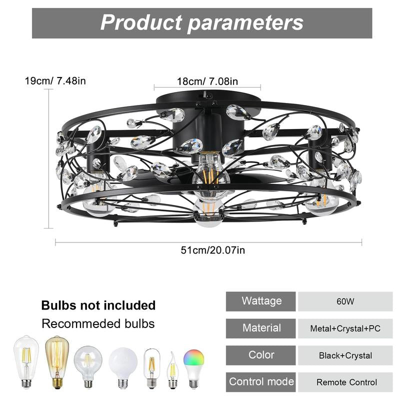 20In Caged Ceiling Fan with Light, Crystal Rustic Ceiling Fans with Remote, Bladeless Black Ceilingfan, Flush Mount Fanlights for Kitchen Bedroom