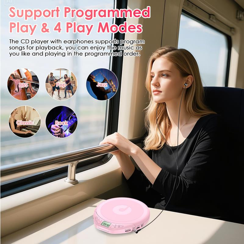 CD Player Portable CD Discman: with Earphones Portable CD Player for Car with Anti-Skip Shockproof Personal CD Player with LCD Display Support PROG Memory Function Repeat Playback Sound