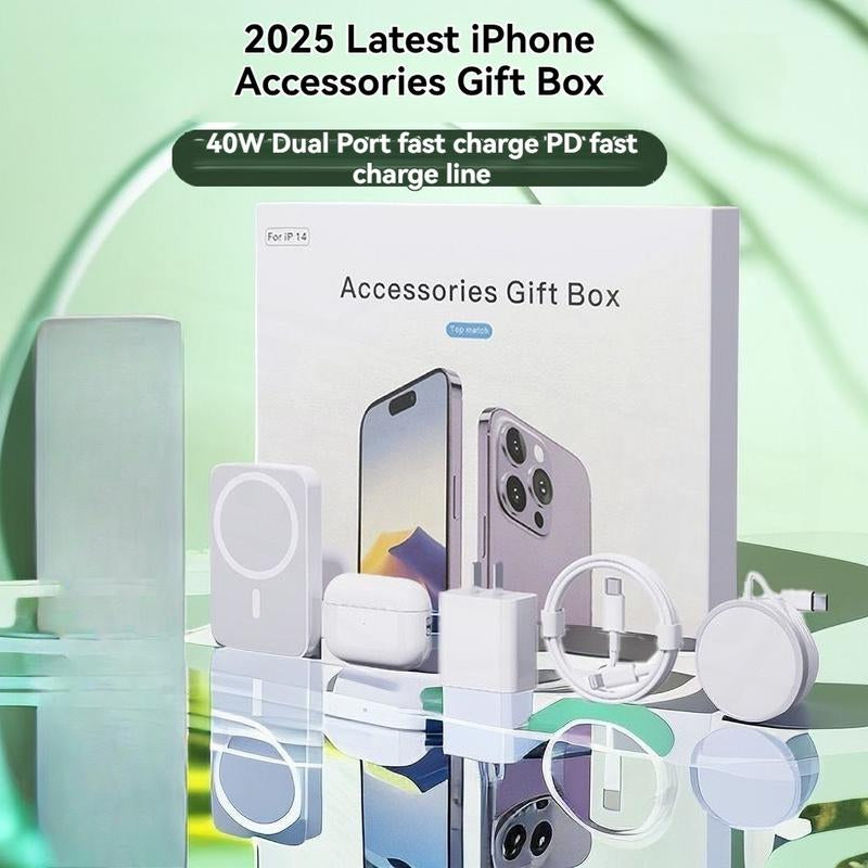 For Iphone12-16 6-In-1 Magnetic Wireless Charging &Audio Set -10000Mah Power Bank,15W Fast Charger, Wireless Charger, Type-C Cable, Adapter,Bluetooth Earbuds Device Crystal Cellphone Smartphone Electronic