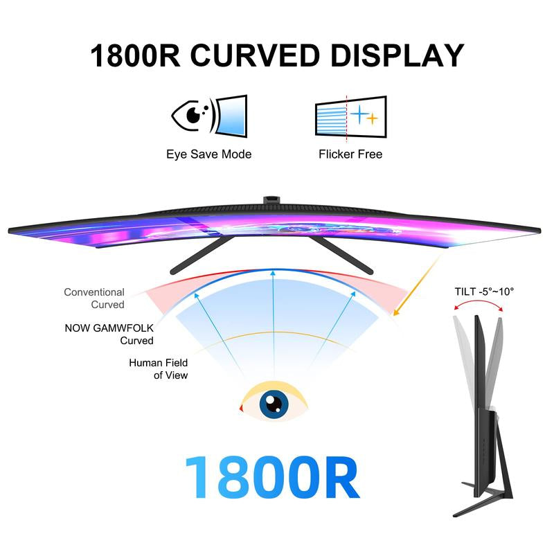 Rehisk 27'' 2K QHD 165Hz Curved Gaming Monitor - 2560P, 1Ms IPS Panel, Adaptivesync, Ultra-Thin Bezel, Tilt Adjustable