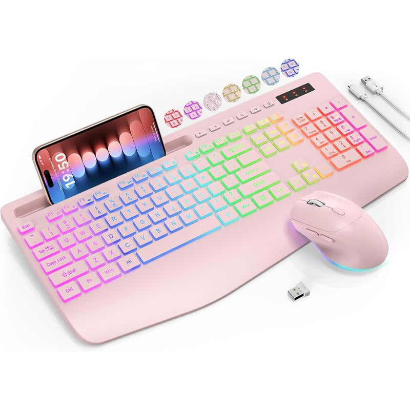 SABLUTE Wireless Keyboard and Mouse Combo, 9 Backlit Effects, Large Print, Wrist Rest, Phone Holder, 2.4G Lag-Free Ergonomic Keyboards, Rechargeable Easy to See Cordless Set for Computer, Laptop, PC