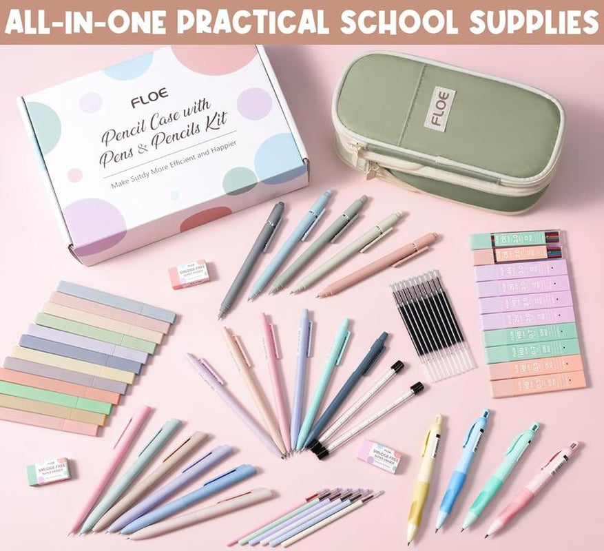Aesthetic School Supplies with Cute Pencil Case, Pastel Highlighters Gel Pens Mechanical Pencils Set 0.5 0.7 & 2.0Mm, Office Back to School Supplies College Essentials Kit Student Stationary Set,Back to School Gift,Birthday'S Gift