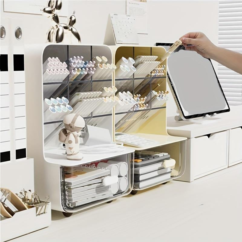 Modern Plastic Desktop Storage Box with Drawer, Multi-Compartment Pen Holder, Desk Organizer for Office Home School Student Teacher