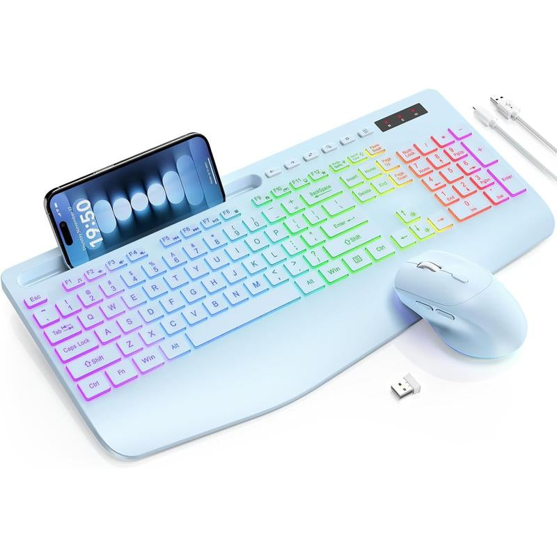 SABLUTE Wireless Keyboard and Mouse Combo, 9 Backlit Effects, Large Print, Wrist Rest, Phone Holder, 2.4G Lag-Free Ergonomic Keyboards, Rechargeable Easy to See Cordless Set for Computer, Laptop, PC
