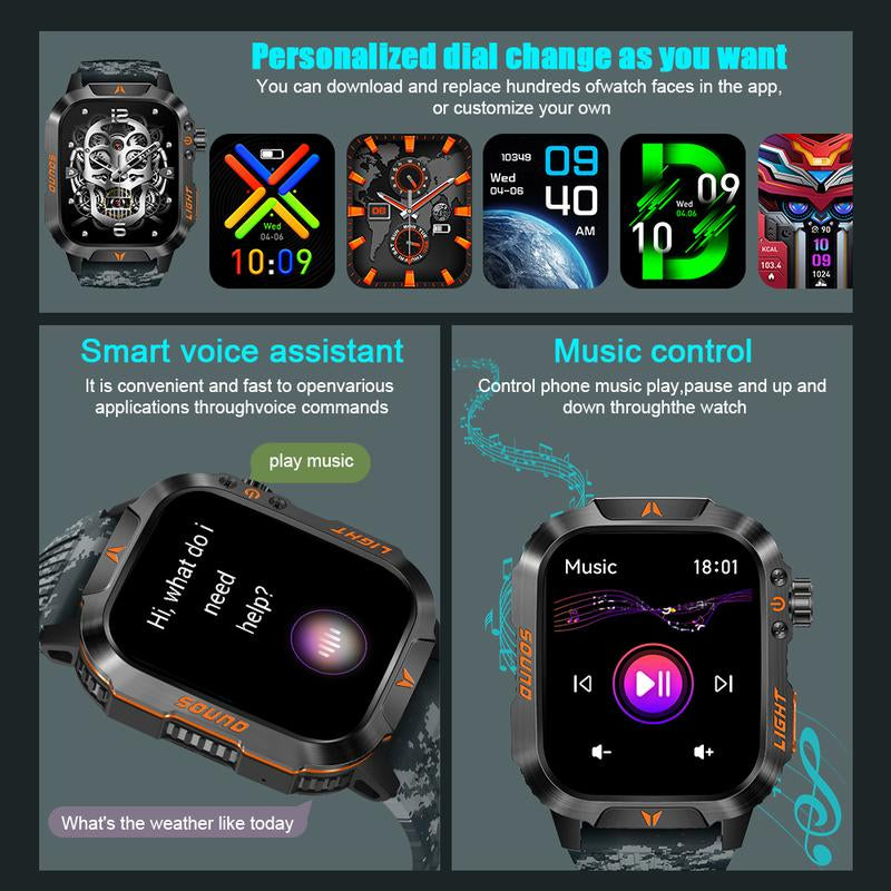 Military Smart Watch for Men, 1.52" HD Fitness with Flashlight Smartwatch with Answer/Make Call, Sport Watch with Heart Rate Spo2 Stress and Sleep Monitor Compatible with Iphone and Android Phones, Waterproof