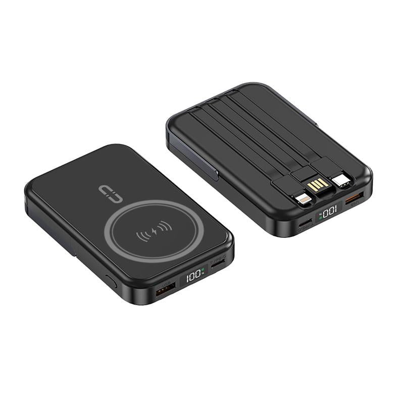 10000Mah Fast Charging Magnetic Power Bank W/ Stand and 3 Built-In Cables & Wireless Charging