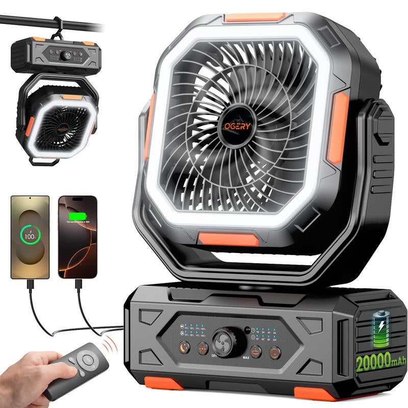 2025 Upgraded Camping Fan – 20000Mah Rechargeable Battery, LED Light, 270° Adjustable Head, Remote-Controlled Oscillating Desk Fan for Tents, Travel, and Home Use