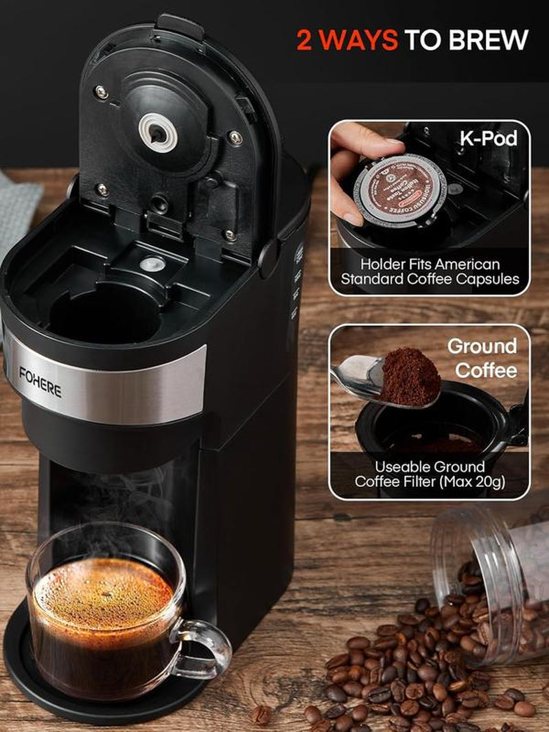 FOHERE Coffee Maker, Single Serve Iced and Hot Coffee Brewer for K Pod & Ground Coffee, 90S Fast Brewing, 6 to 14 Oz Brew Sizes, 1000W Water Window and Descaling Mode