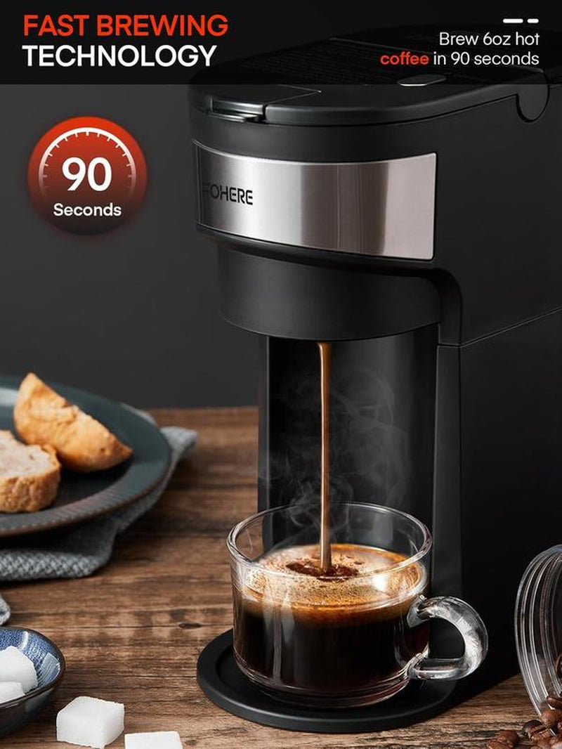 FOHERE Coffee Maker, Single Serve Iced and Hot Coffee Brewer for K Pod & Ground Coffee, 90S Fast Brewing, 6 to 14 Oz Brew Sizes, 1000W Water Window and Descaling Mode