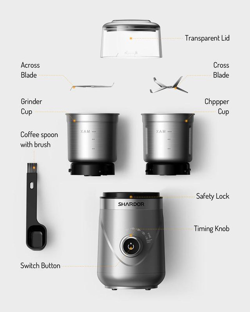 SHARDOR Adjustable Coffee Grinder Electric, Grain Mills, Herb, Nut, Spice,Coffee Bean Espresso Grinder with 2 Removable Stainless Steel Bowl, Silver.