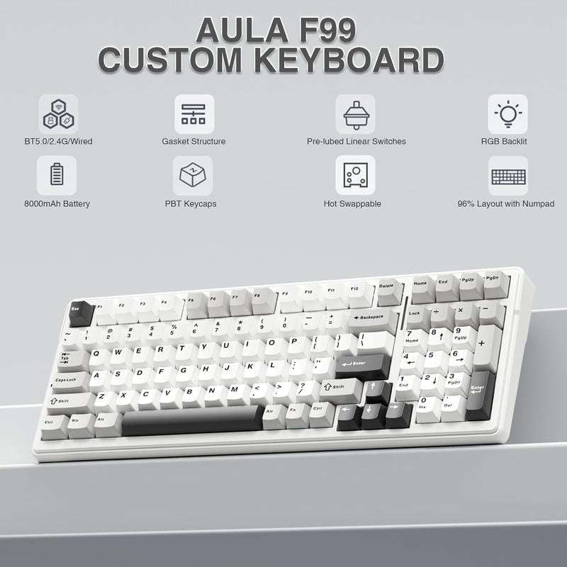 AULA F99 Wireless Mechanical Keyboard, Hot Swappable Custom Keyboard,Pre-Lubed Linear Switches,Gasket Structure,Rgb Backlit Gaming Keyboard (Blue&White)