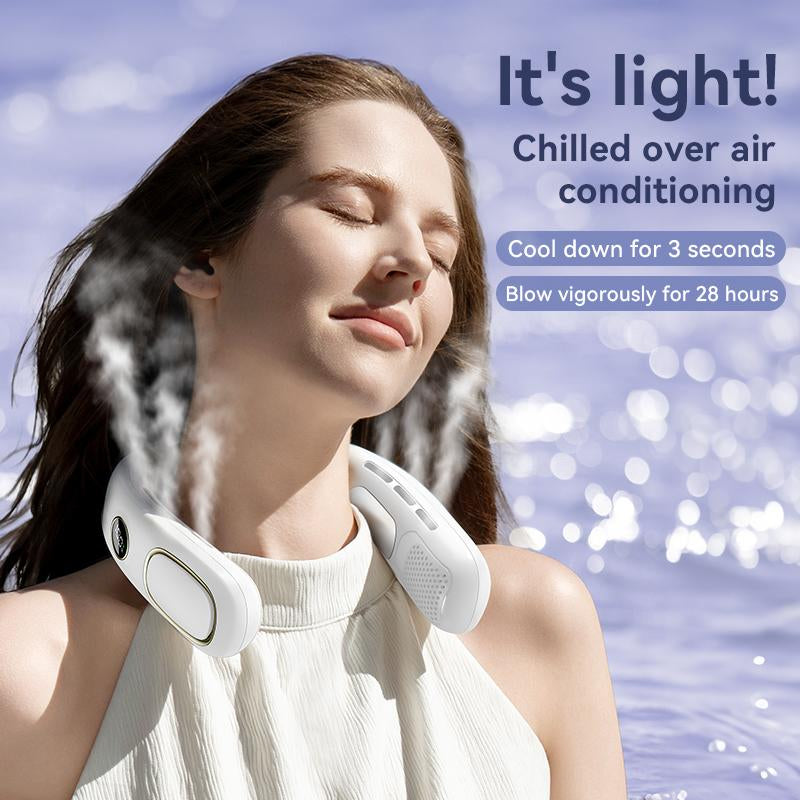Upgraded Hands Free Neck Fan for Sports, Travel and Office Use- Rechargeable Bladeless Cooling Technology with 5000Mah up to 28 Hours of Run Time- 5-Speed Adjustable, Faster Cooling, Ultra- Quiet- Wearable Headphone Design-Lightweigh