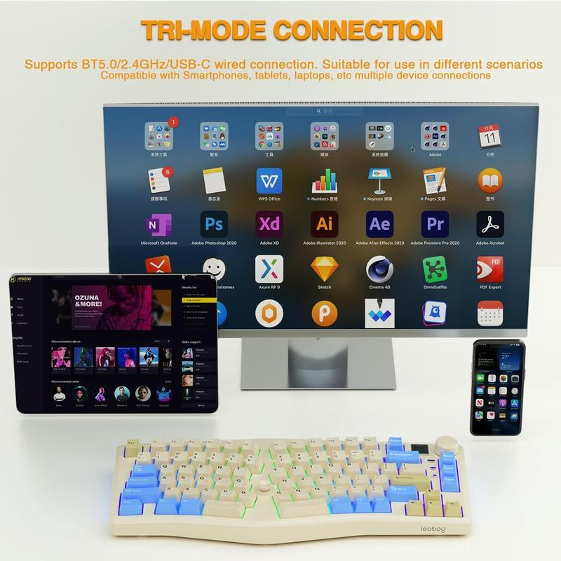 LEOBOG A75 75% Alice Keyboard, Wireless Gaming Keyboard with Knob and Joystick Design, Top Mount Mechanical Keyboard with Flex-Cut PCB, PC Plate, Magnetic Stands for Win/Mac