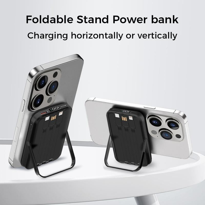 10000Mah Fast Charging Magnetic Power Bank W/ Stand and 3 Built-In Cables & Wireless Charging