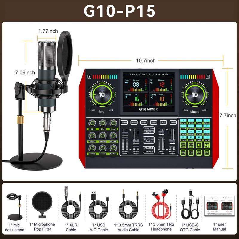 Tenlamp G10-P15 Cantilever Sound Card Kit, Upgraded Cantilever Bracket, Customizable Sound Effects, Condenser Microphone, Suitable for Live Streaming, Gaming, Vocal Podcasting, 2-Level Noise Cancellation, and Computer Audio Mixing