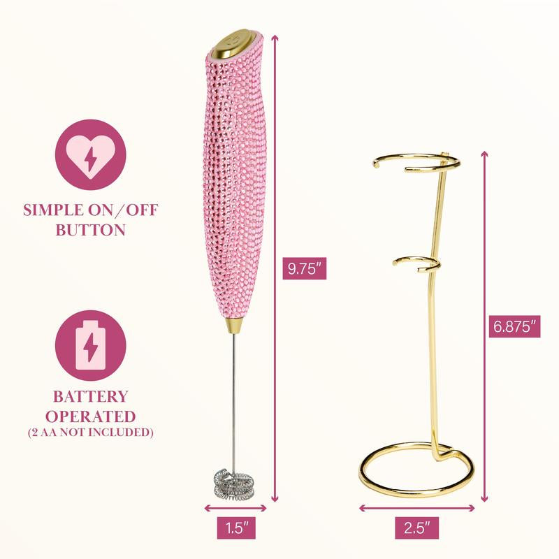 Paris Hilton Electric Milk Frother, Handheld Mixer with Rhinestone Handle, Battery Operated for Lattes, Matcha & More