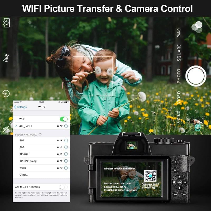 4K Digital Cameras for Photography, 48MP Vlogging Camera for Youtube with Wifi, 180° Flip Screen Compact Camera with Flash