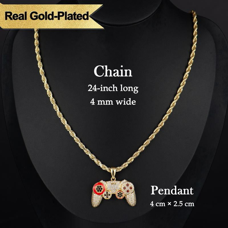 Holylegend 14K Real Gold-Plated Game Controller Necklace, Sony-Inspired CZ Diamond Pendant, 24" Rope & Cuban Chain, Hip Hop Jewelry Gift for Playstation Fans