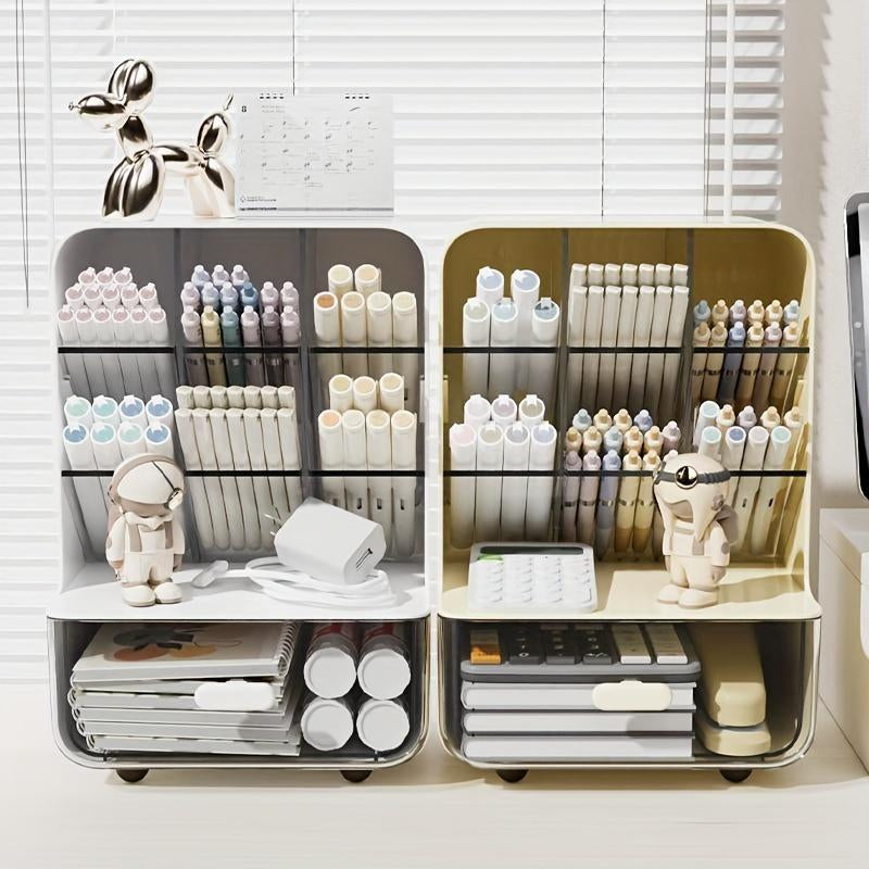 Modern Plastic Desktop Storage Box with Drawer, Multi-Compartment Pen Holder, Desk Organizer for Office Home School Student Teacher
