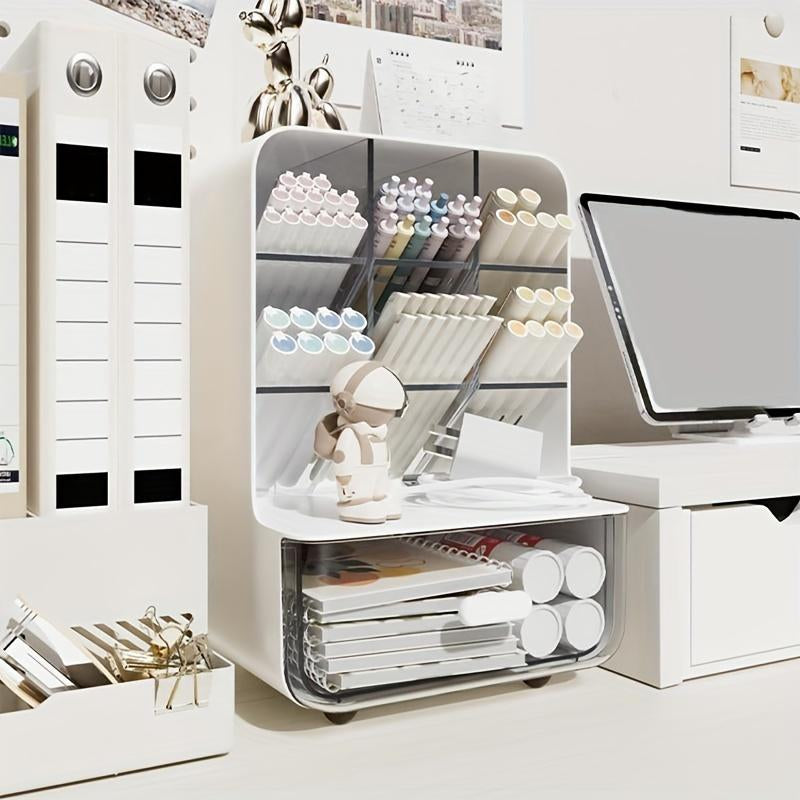 Modern Plastic Desktop Storage Box with Drawer, Multi-Compartment Pen Holder, Desk Organizer for Office Home School Student Teacher