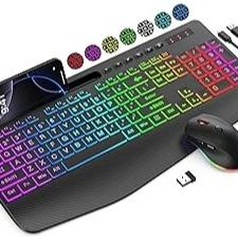 SABLUTE Wireless Keyboard and Mouse Combo, 9 Backlit Effects, Large Print, Wrist Rest, Phone Holder, 2.4G Lag-Free Ergonomic Keyboards, Rechargeable Easy to See Cordless Set for Computer, Laptop, PC