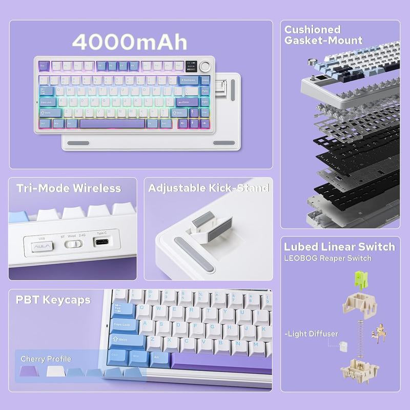 Aula F75 MAX Gasket-Mounted Hot- Swappable Wireless Mechanical Keyboard with TFT Screen and Knob, Gift for Friend, Gaming Accessories