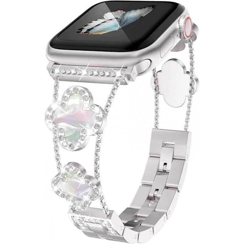 Four-Leaf Clover Diamond Metal Bands Add Sparkle to Your Watch for Apple Watch Series 10/9/8/7/6/5/4/3/2/1Se/Ultra Clover Simple and Stylish Compatible with 38Mm40Mm41Mm42Mm44Mm45Mm 46Mm49Mm Women'S Wear
