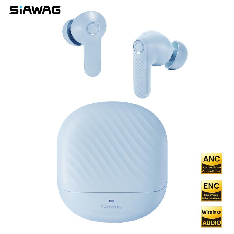 SIAWAG BTW73 Bluetooth Earbuds with ANC & ENC Noise Cancelling, 800Mah Battery, Dual Device Pairing, 60Ms Low Latency, IPX5 Waterproof, Fast Charging, Stylish Blue Design, Perfect for Women & Couples