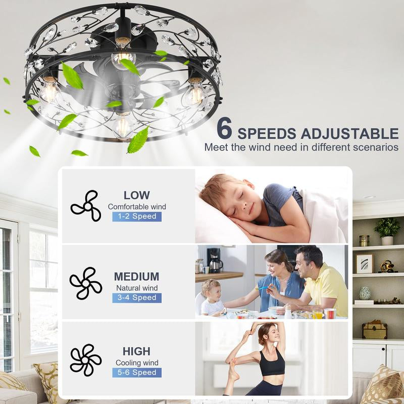 20In Caged Ceiling Fan with Light, Crystal Rustic Ceiling Fans with Remote, Bladeless Black Ceilingfan, Flush Mount Fanlights for Kitchen Bedroom