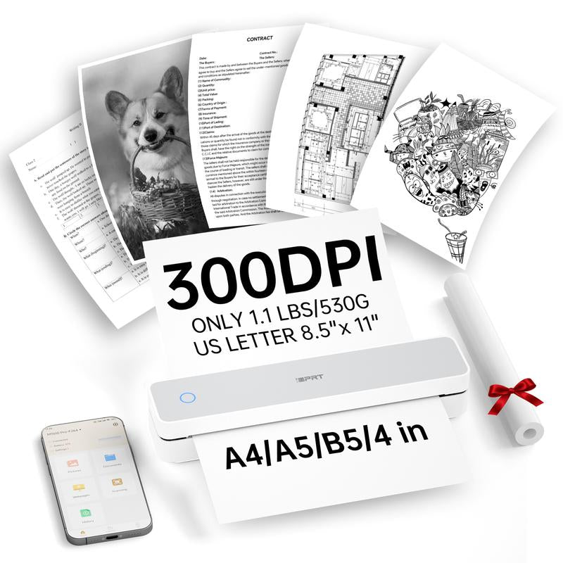 Portable Wireless Thermal Printer for Travel – 300DPI Inkless Mobile Bluetooth Printer, Supports 8.5" X 11" US Letter & A4, for Home, Office, and On-The-Go Printing