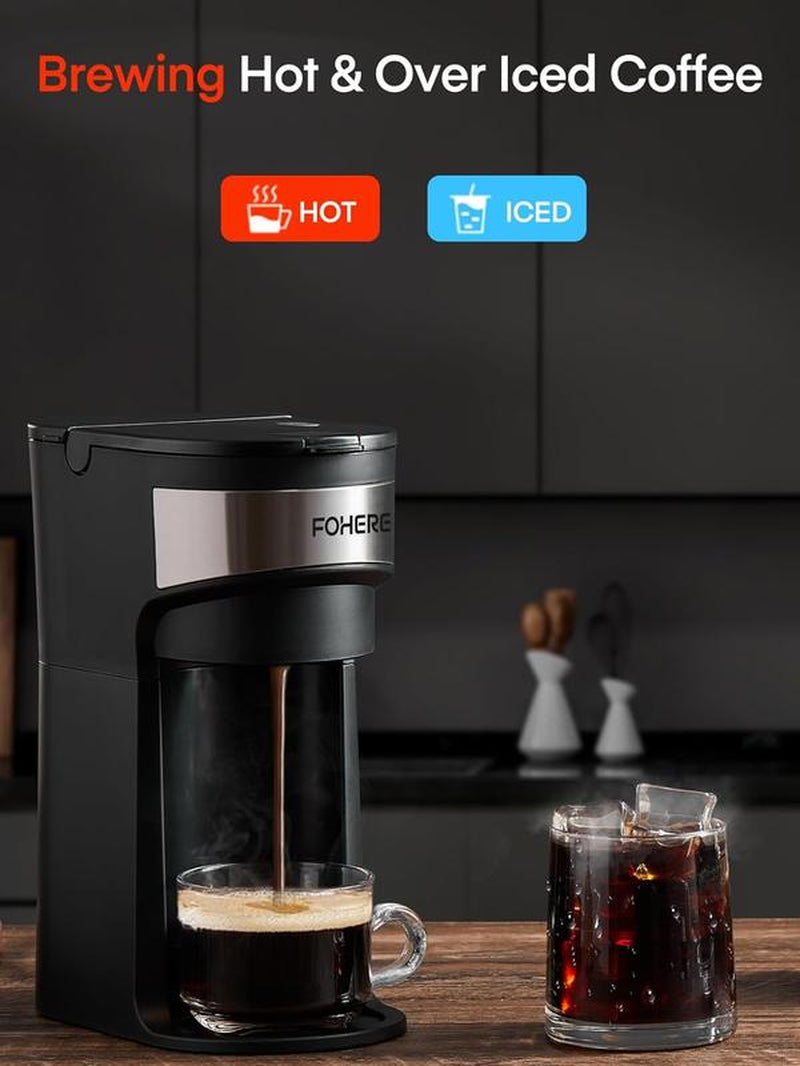 FOHERE Coffee Maker, Single Serve Iced and Hot Coffee Brewer for K Pod & Ground Coffee, 90S Fast Brewing, 6 to 14 Oz Brew Sizes, 1000W Water Window and Descaling Mode