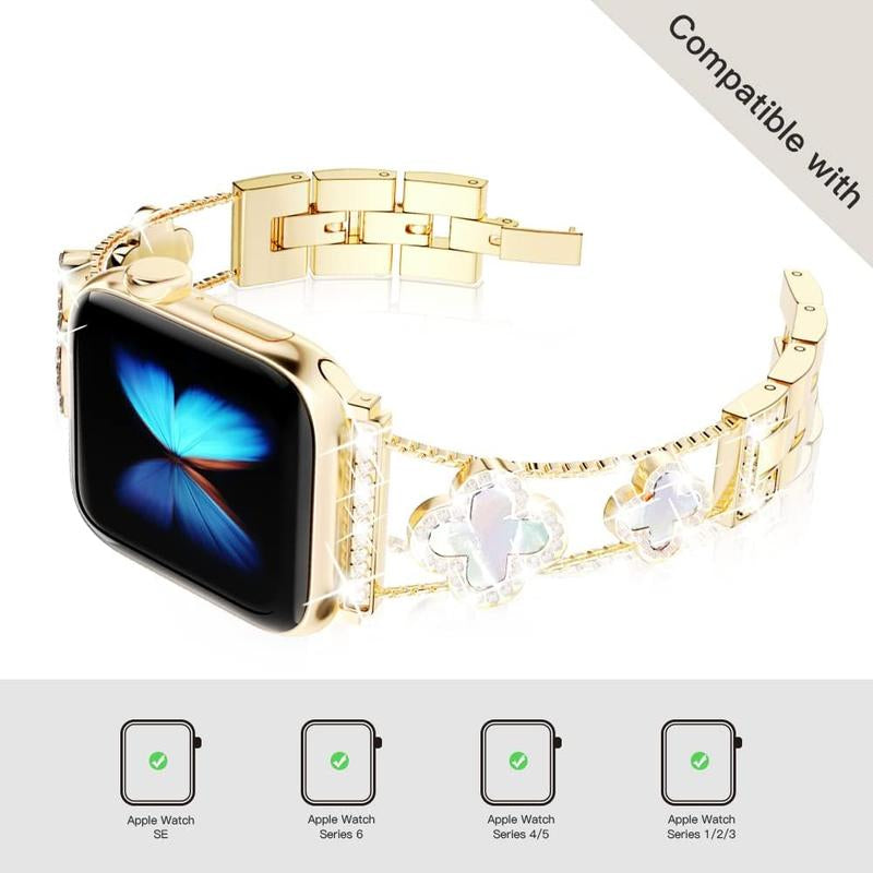 Four-Leaf Clover Diamond Metal Bands Add Sparkle to Your Watch for Apple Watch Series 10/9/8/7/6/5/4/3/2/1Se/Ultra Clover Simple and Stylish Compatible with 38Mm40Mm41Mm42Mm44Mm45Mm 46Mm49Mm Women'S Wear